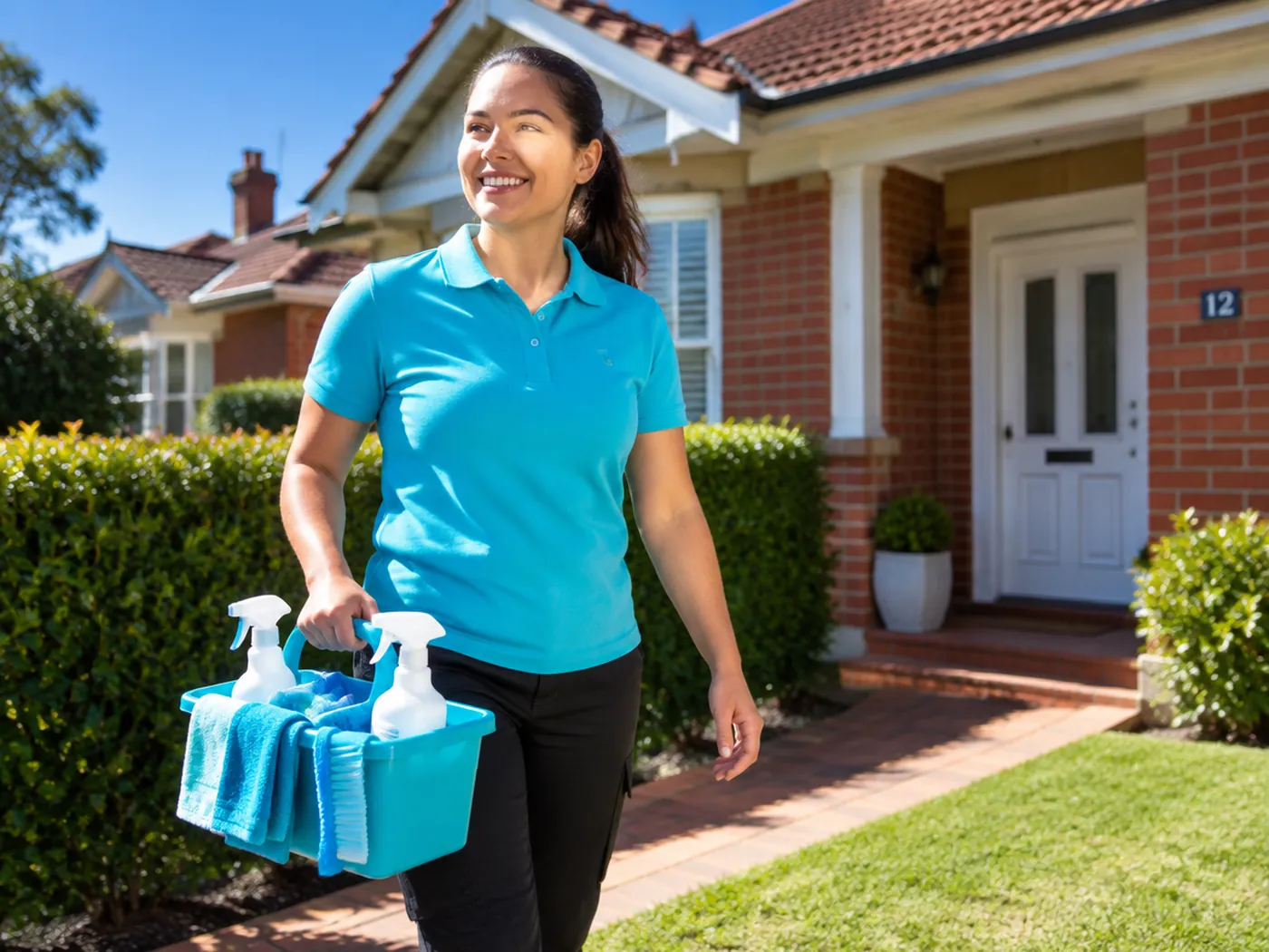 A cleaner in a turquoise polo arriving at a home with a caddy of cleaning supplies
