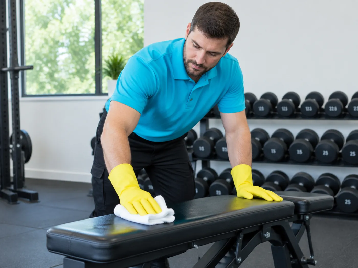 A cleaner in a turquoise polo and yellow gloves wiping down a weight bench in a gym