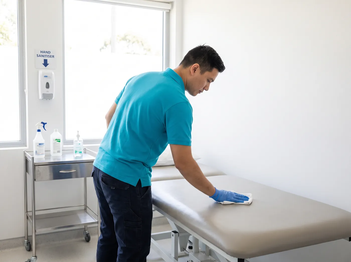 A cleaner in a turquoise polo wiping down a treatment bed in a bright medical consulting room