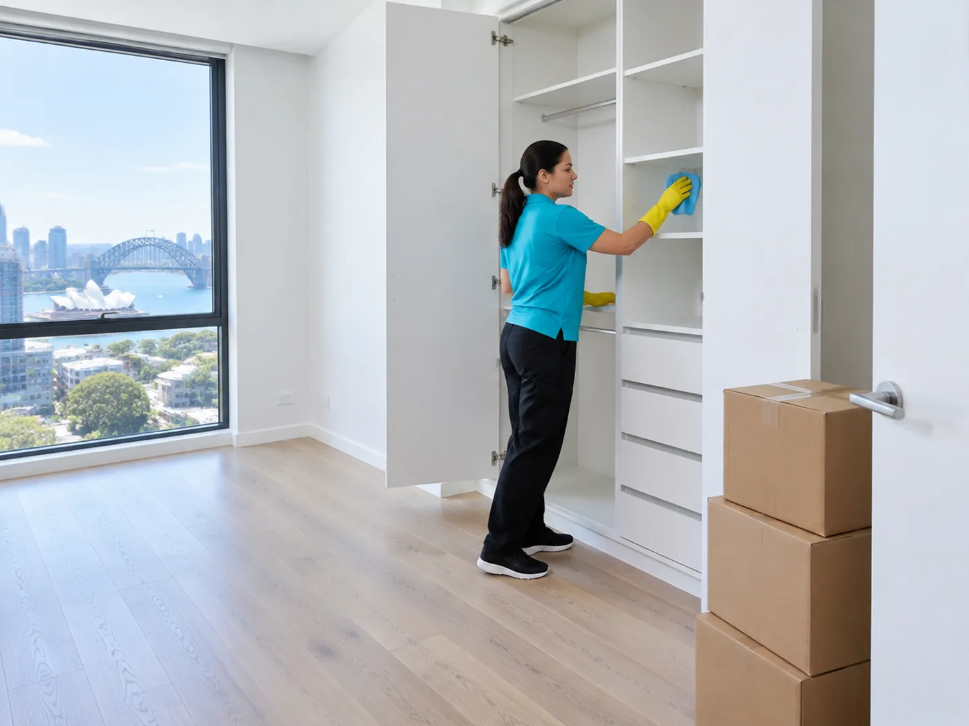 A cleaner in a turquoise polo wiping the shelves of an empty built-in wardrobe in a new apartment