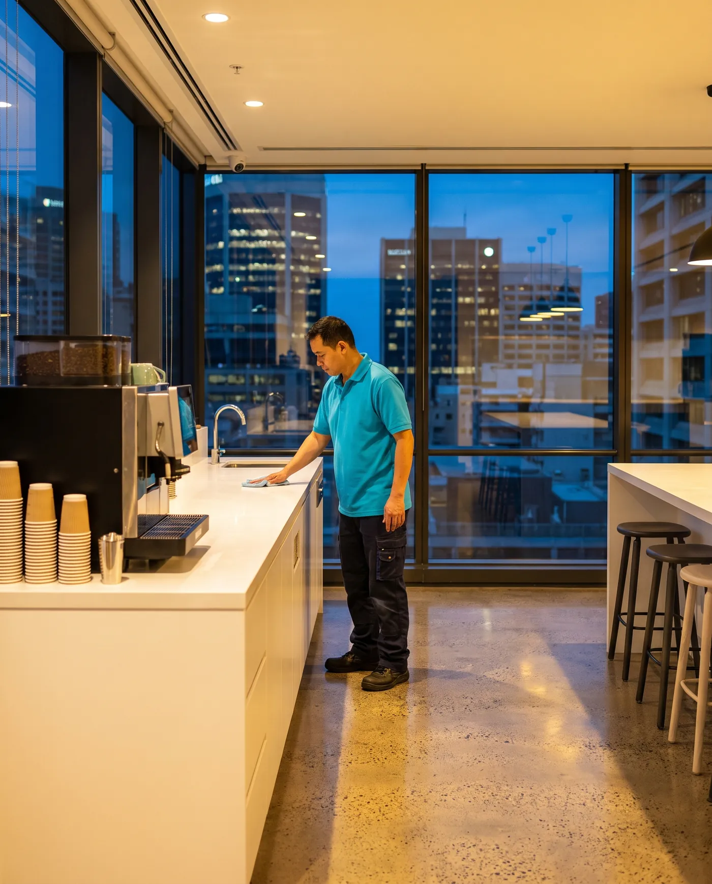A cleaner in a turquoise polo wiping down an office kitchen bench after hours