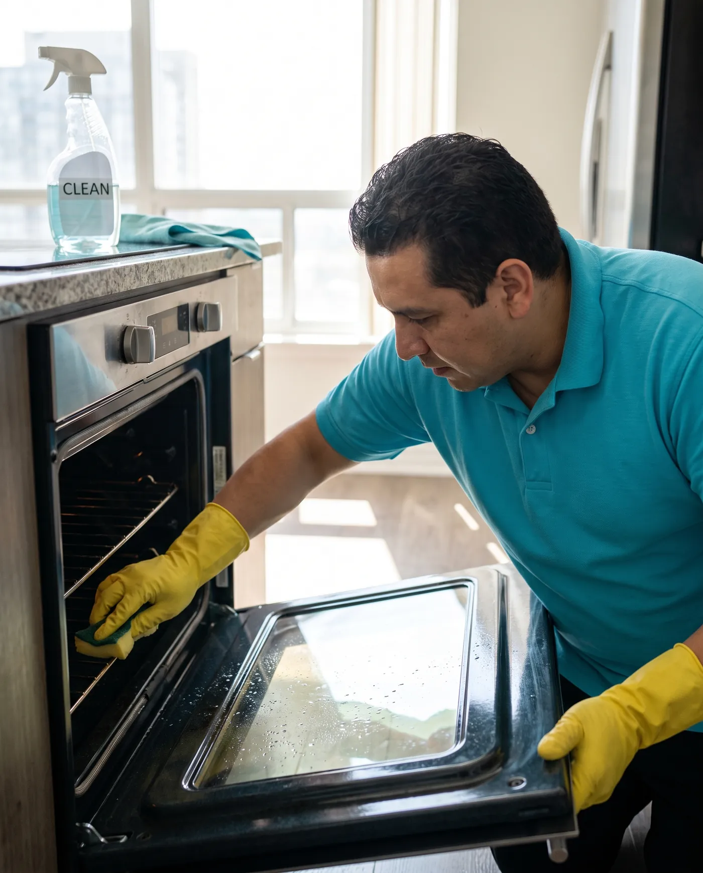 A cleaner in a turquoise polo degreasing the inside of an oven during a move-out clean