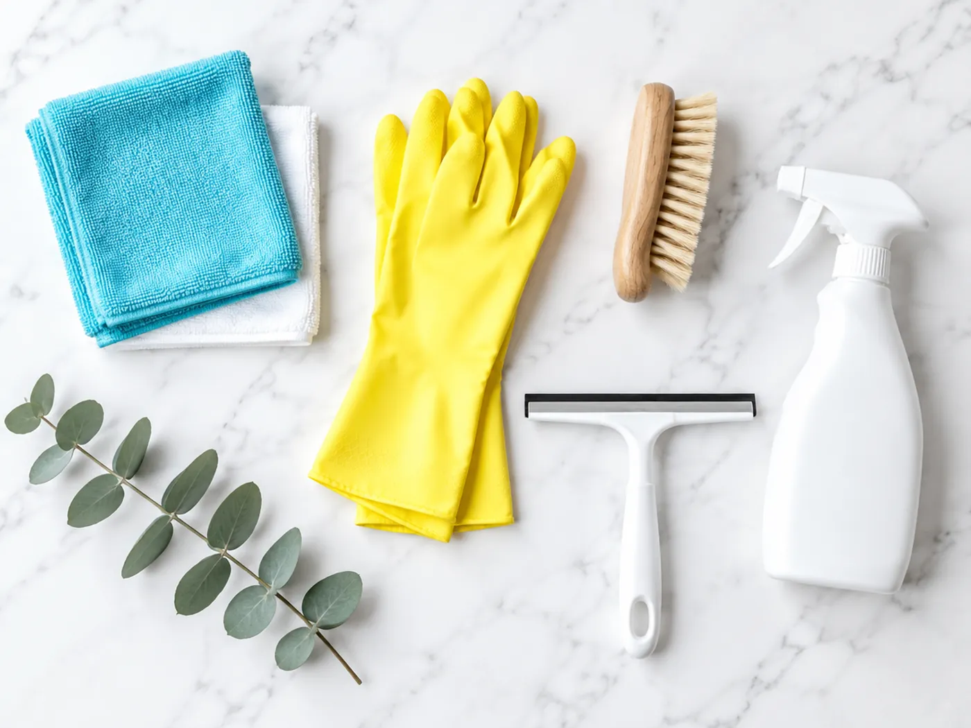 Turquoise microfibre cloths, yellow gloves, a scrubbing brush and a spray bottle laid out on marble